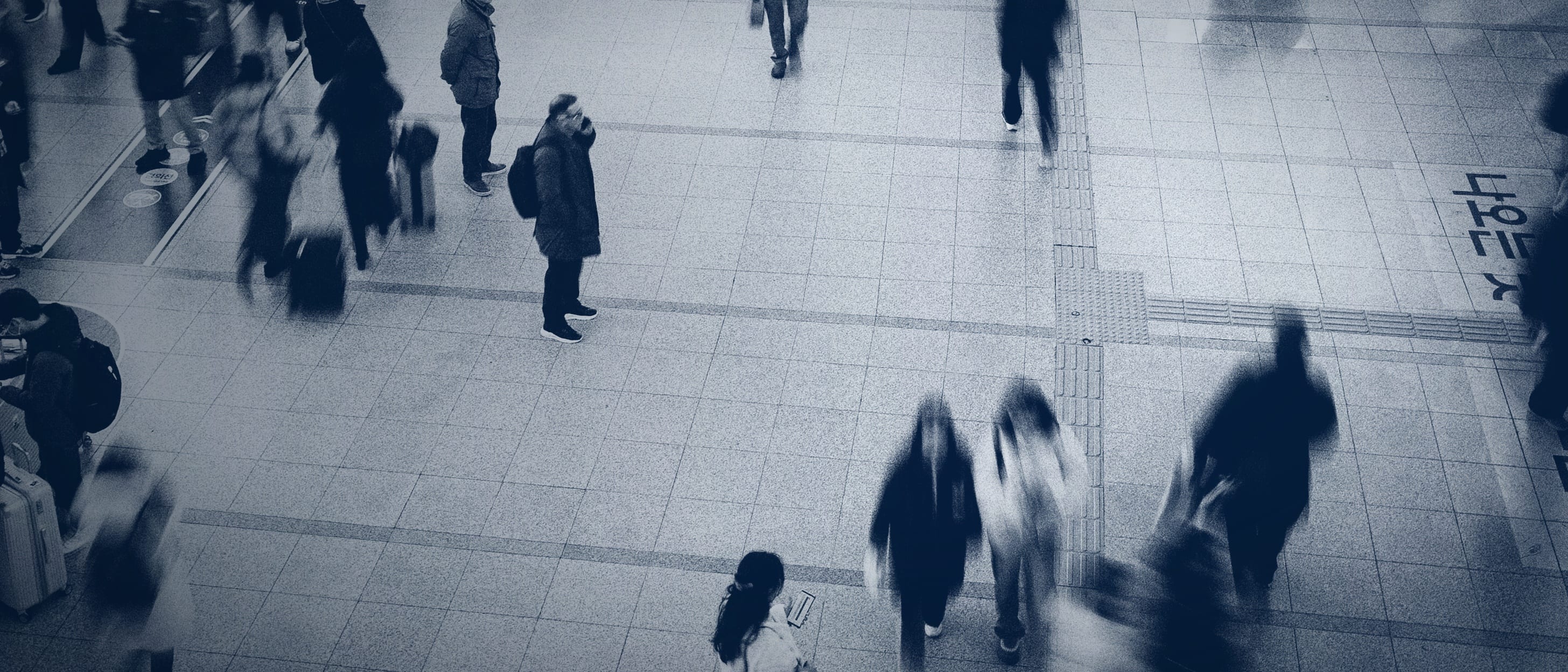 A station concourse from above: most people are blurred in motion, one person stands still - no individual is identifiable.