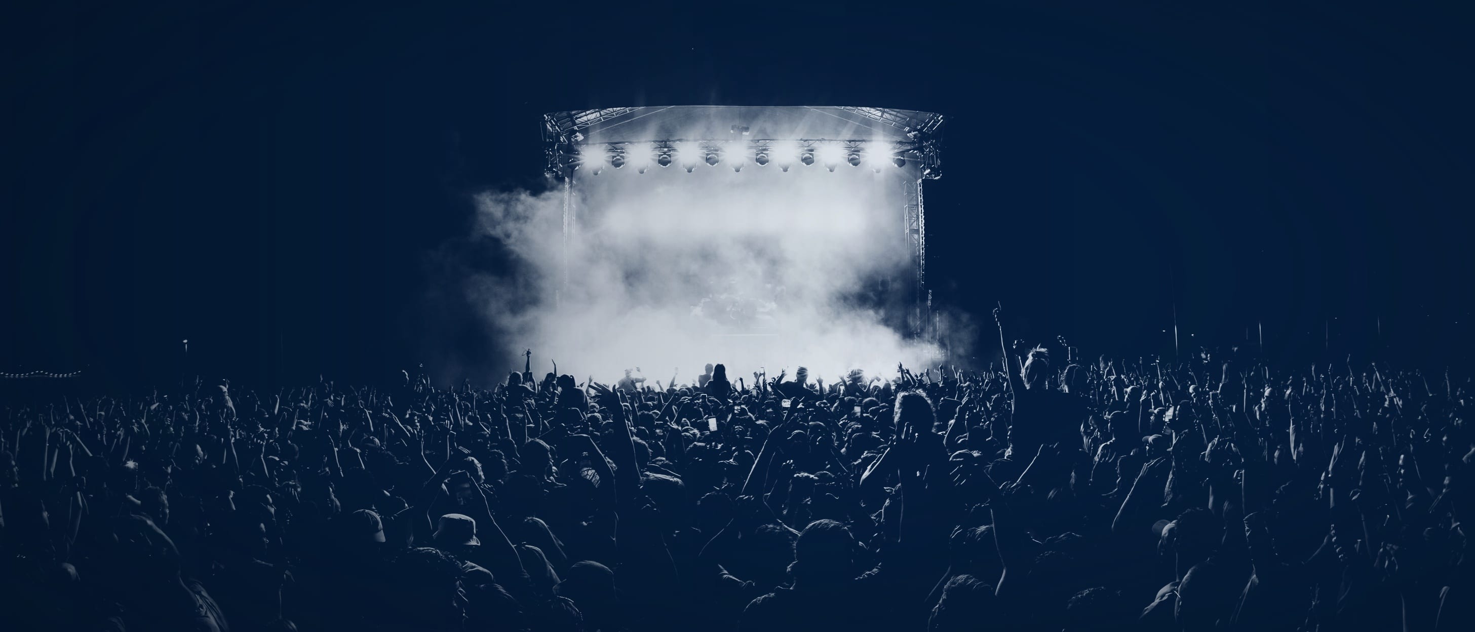 A dense crowd as dark silhouettes seen from behind, in front of a brightly lit stage in haze - no individual can be identified.