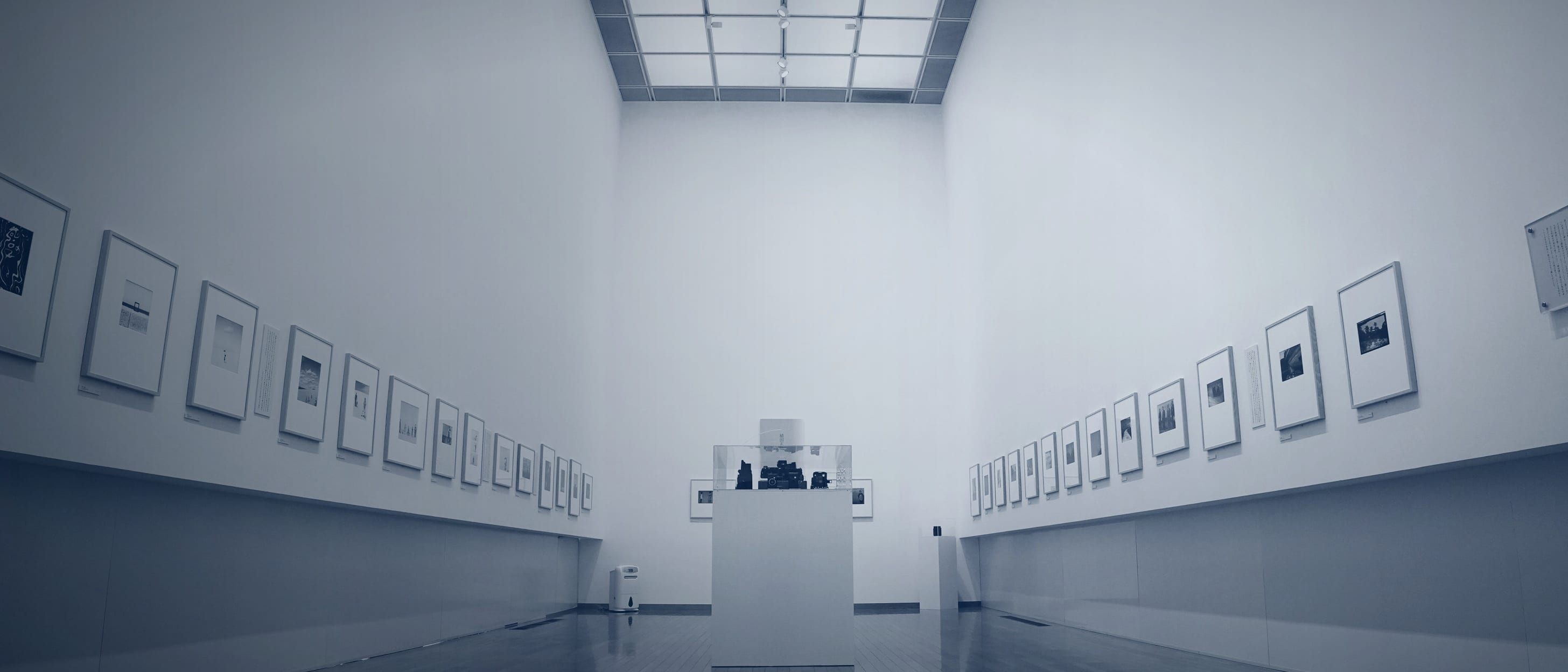 Ein langer, leerer Ausstellungssaal mit Oberlicht, gerahmten Arbeiten an beiden Wänden und einer Vitrine in der Mitte - niemand ist abgebildet.