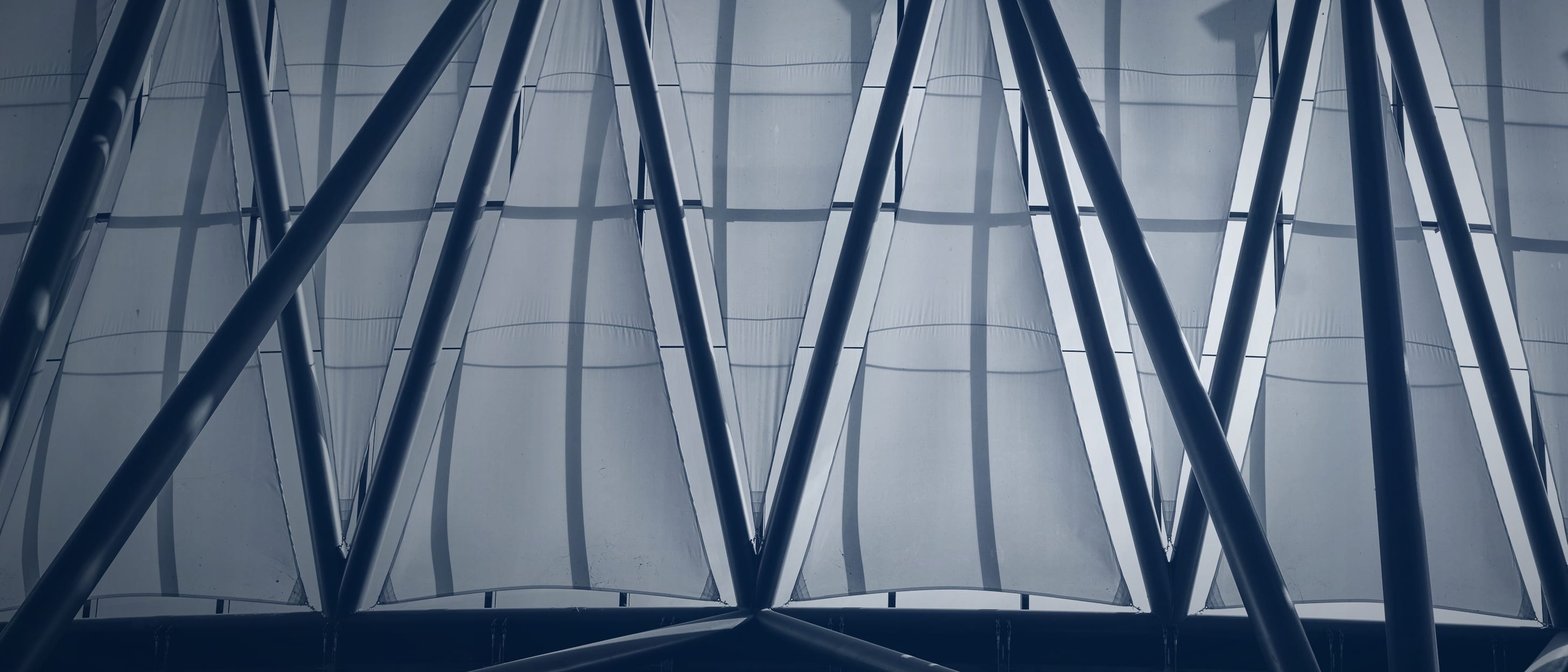 Steel beams and tensioned roof sails of a hall, photographed from below - nobody is shown.